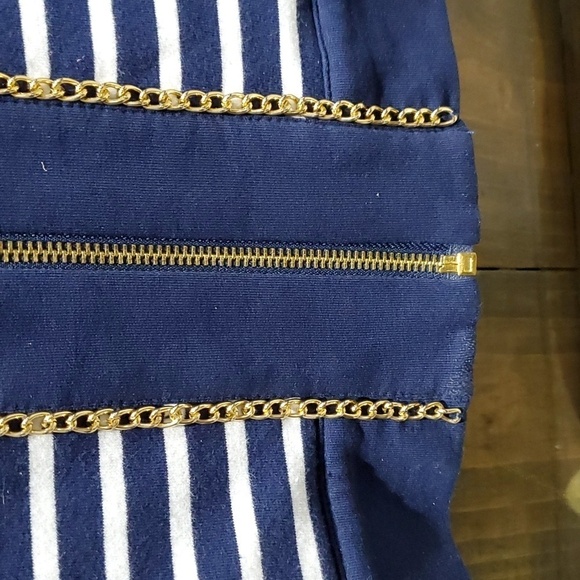 BOSTON PROPER STRIPED ZIP UP CARDIGAN W GOLD CHAIN TRIM NAUTICAL COASTAL SIZE XS - Picture 5 of 9